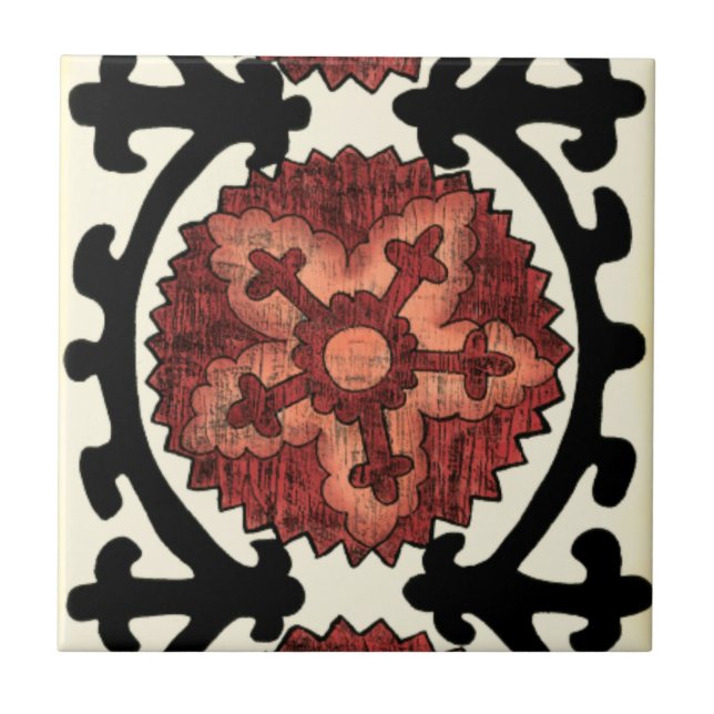 Suzani Style Decorative Floral Pattern Ceramic Tile (Front)
