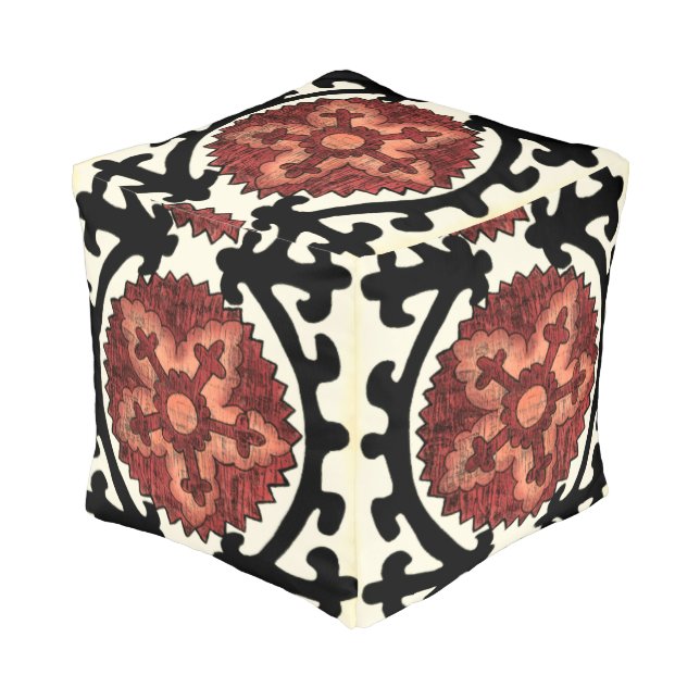 Suzani Style Decorative Floral Pattern Pouf (Angled Front)