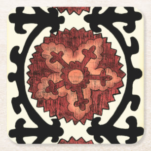 Suzani Style Decorative Floral Pattern Square Paper Coaster