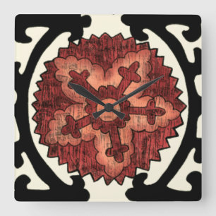 Suzani Style Decorative Floral Pattern Square Wall Clock