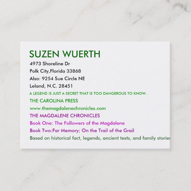 SUZEN WUERTH, 4973 Shoreline Dr, Polk City,Flor... Business Card (Front)