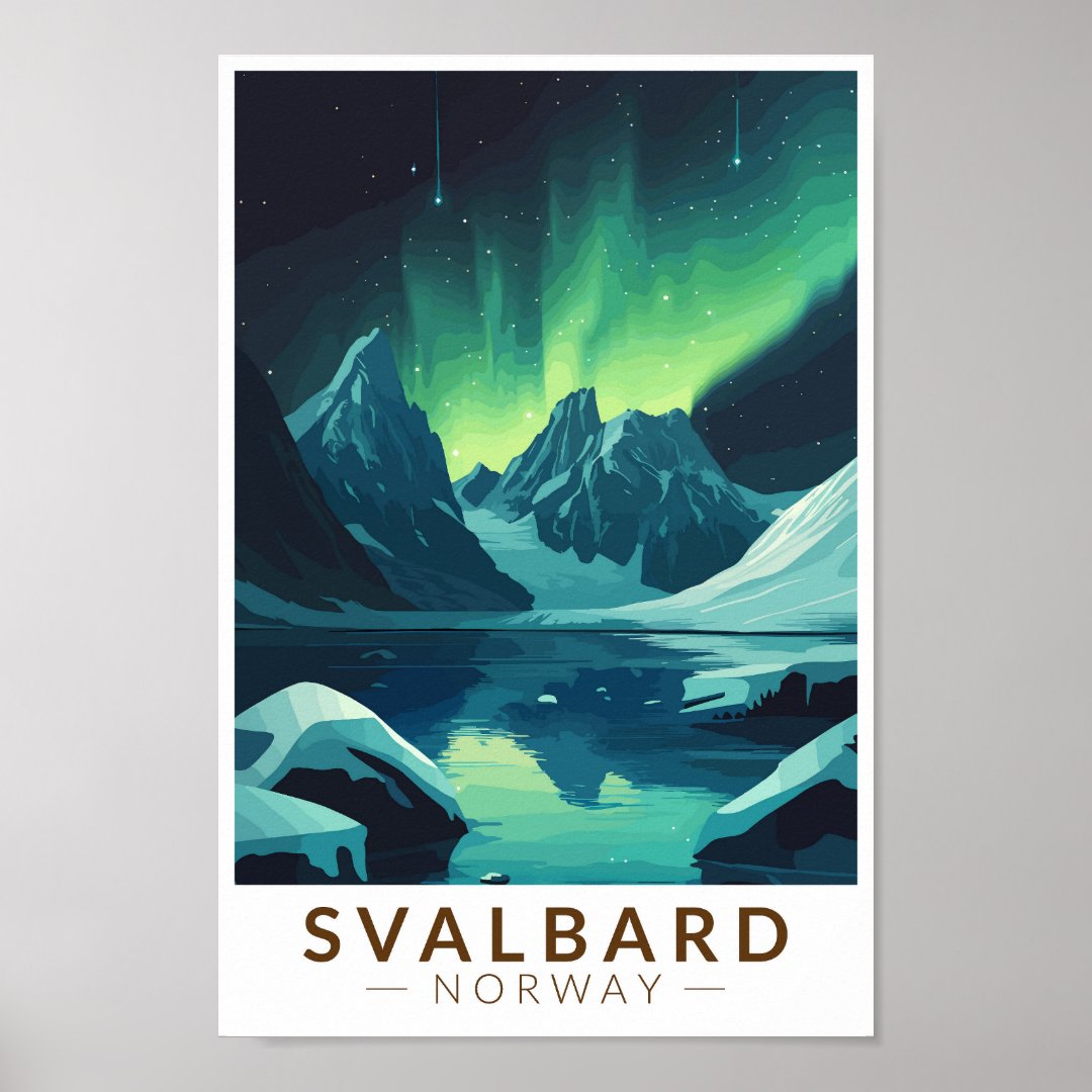 Svalbard Norway Northern Lights Travel Art                    Vintage Poster