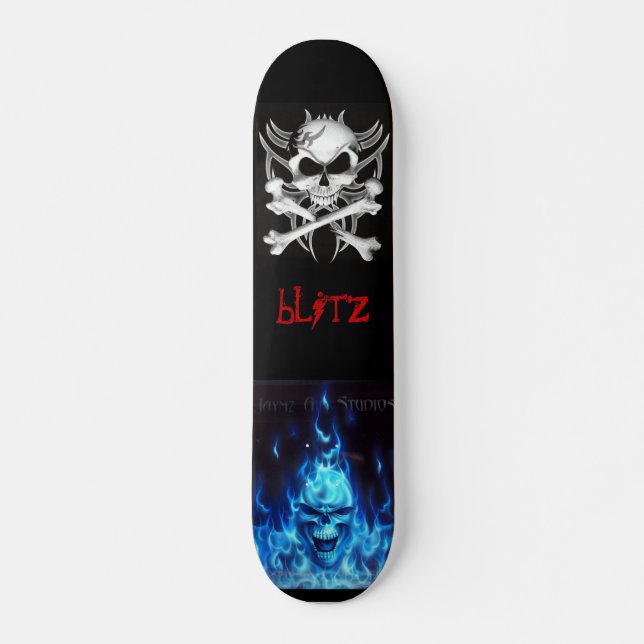 svart, skull bones, BlueFireSkullSign, blitz Skateboard Deck (Front)