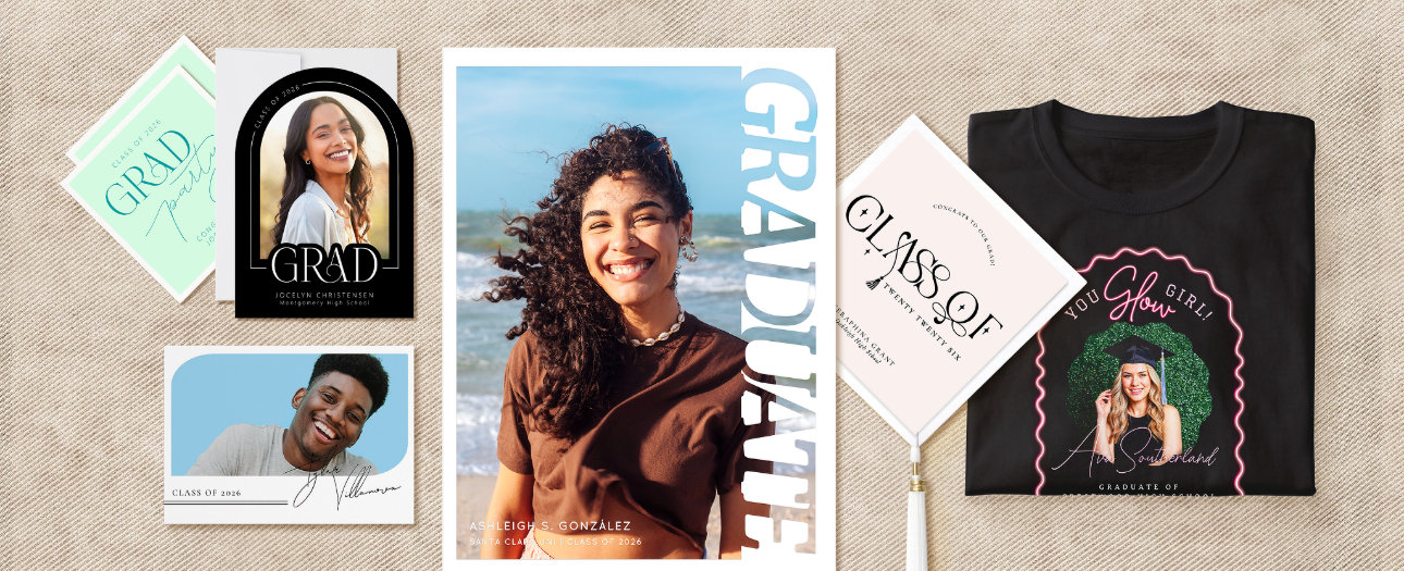 A collection of custom graduation products including photo announcements, an arched card, a graduation cap topper, and a black graphic t-shirt, showcasing various design layouts.