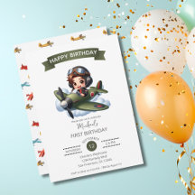 Boy First Birthday Pilot Vintage Airplane Cartoon