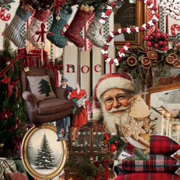 A maximalist vintage Christmas collage wall layering a jolly Santa portrait, hung stockings, plaid textiles, and framed tree art. Nostalgic, cluttered-cozy, heritage aesthetic.