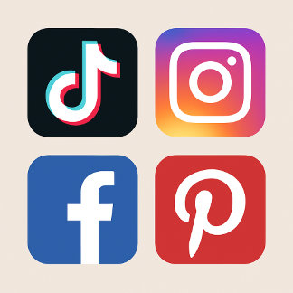 A grid of four bold social media icons—TikTok, Instagram, Facebook, Pinterest—each in vivid gradient color blocks. The clean vector style pops against the neutral beige background. The composition is modern, bright, and high-impact. It communicates digital reach, visibility, and creator branding.