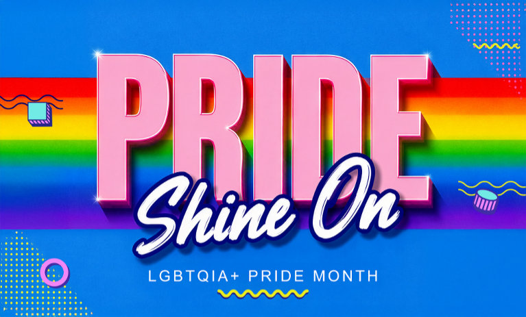 Bright and celebratory 'Pride Shine On' banner with bold pink typography over a radiant rainbow stripe, and retro accents for LGBTQIA+ Pride Month.