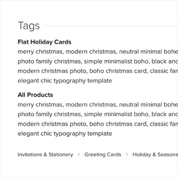 A screenshot of the Zazzle Product Tags, showing examples for a holiday card product.
