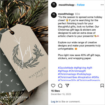 A captured Instagram post promoting a holiday card, featuring a warm product lifestyle photo and call-to-action hashtags. The layout mimics an authentic user post and emphasizes community engagement. The tone is casual and promotional.