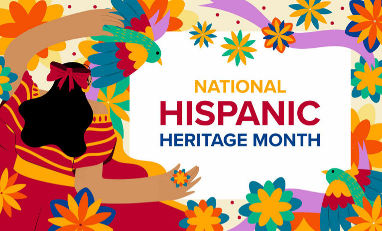 'National Hispanic Heritage Month' bursts in bold text with a colorful background that represents the vibrant fusion of Hispanic culture