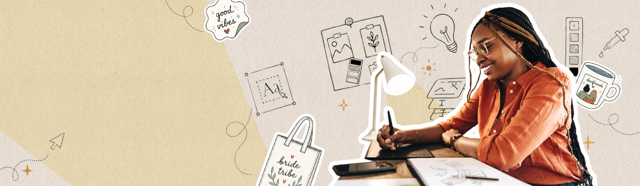 Illustration of a woman smiling while sketching designs at a desk with a tablet and stylus, surrounded by creative doodles, color swatches, and stickers reading "good vibes" and "bride tribe," next to the text "The Creator Hub: Everything you need to know about selling on Zazzle, all in one place.