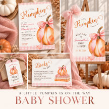 Pumpkin pink bow gingham fall baby shower 