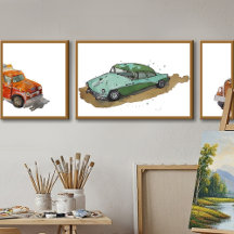 Watercolor Vehicles White BG Posters