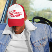Person wearing Disney Pizza Planet trucker hat