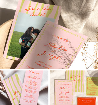A pink and green striped save-the-date and wedding invitation featuring a couple's photo, paired with a matching menu card and reception invite.