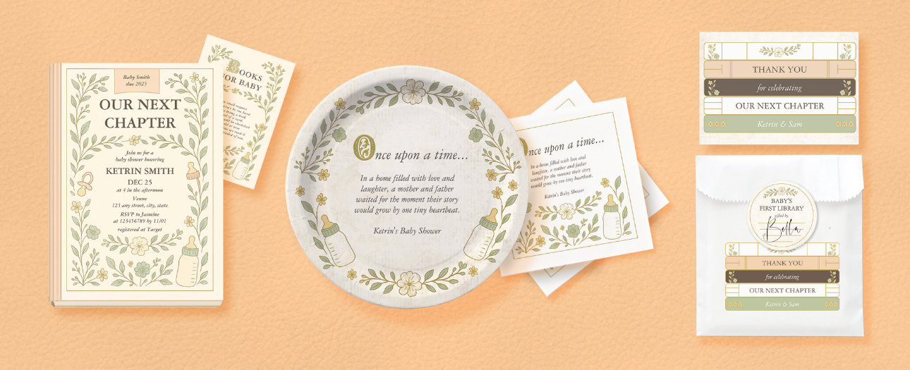 A flat lay of a baby shower collection featuring a “Once Upon a Time” themed paper plate, book-themed invitations, thank-you cards, and gift tags in soft cream and sage tones with floral and storybook illustrations.