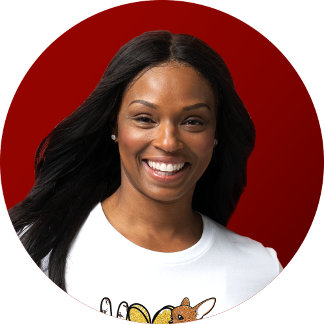 A woman against a red background.