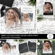 Simple Stylish Black White Script Graduation Party