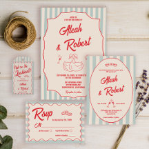 Red Script Blue Stripes Retro Wedding Collection
