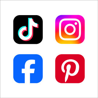 A grid of four bold social media icons—TikTok, Instagram, Facebook, Pinterest—each in vivid gradient color blocks. The clean vector style pops against the neutral beige background. The composition is modern, bright, and high-impact. It communicates digital reach, visibility, and creator branding.