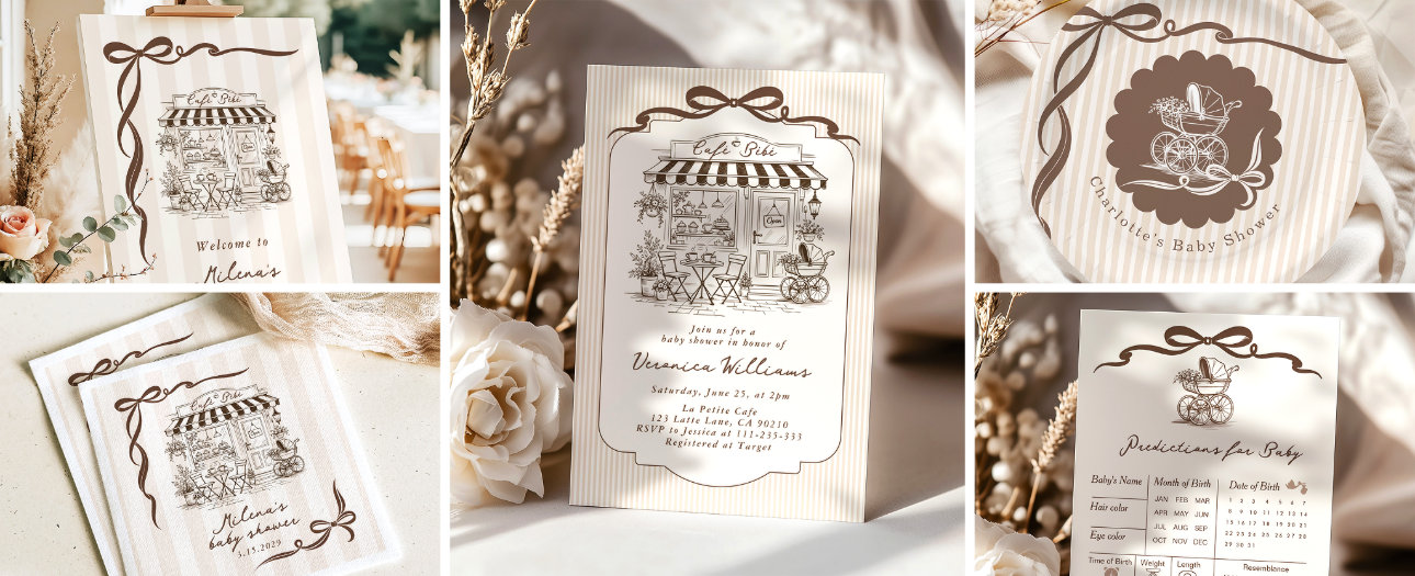 A coordinated baby shower stationery and decor set featuring a vintage-style café illustration with soft neutral tones, delicate line art, and elegant ribbon details, creating a classic, timeless, and softly styled aesthetic.