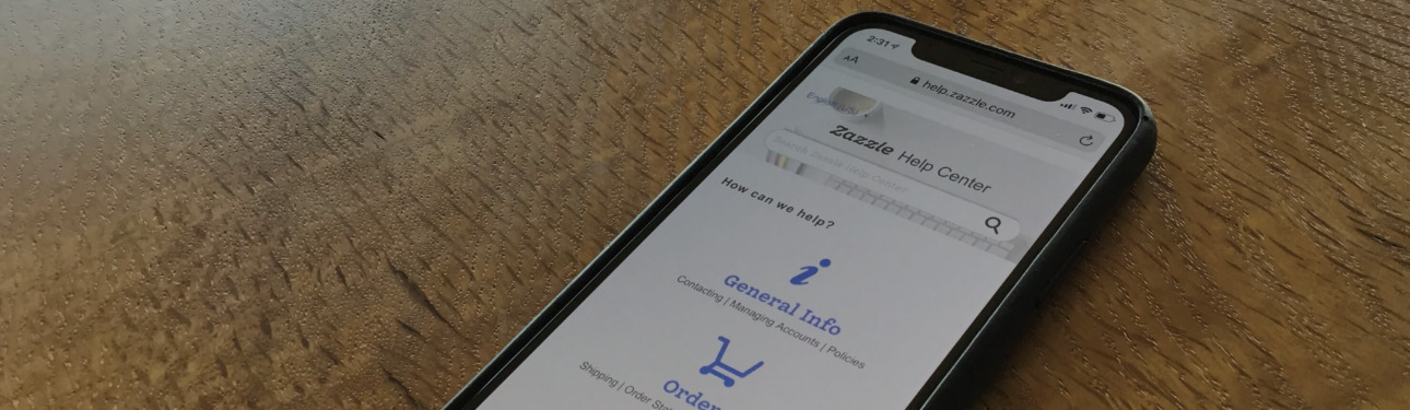 The Zazzle Help Center as shown on a mobile phone screen.
