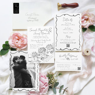 An artistic stationery suite with hand-drawn illustrations, soft lines, and whimsical motifs. The palette is muted and nostalgic. Layered cards and textures evoke vintage charm. The overall look is warm, personal, and craft-driven.