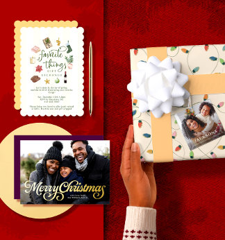 Holiday-themed collage on a red background: a "Favorite Things Gift Exchange" invitation with festive icons and a gold pen, a custom photo Christmas card reading "Merry Christmas" with a family portrait, and a wrapped gift with holiday lights wrapping paper, a white bow and a photo gift tag, held by a hand in a cream sweater.