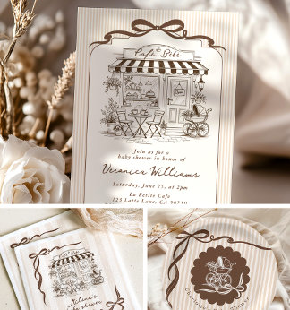 A baby shower invitation featuring a charming cafe illustration, paired with a matching thank you card and a ribbon-wrapped gift tag in warm brown and cream tones.