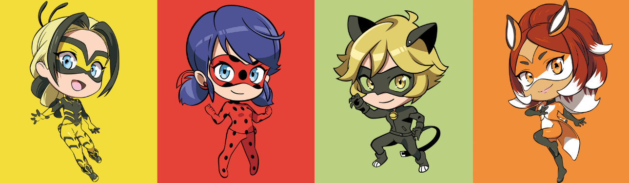 Chibi illustrations of Queen Bee, Ladybug, Cat Noir, and Rena Rouge from Miraculous