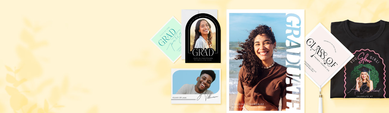 A spread of graduation-related products against a light yellow background.