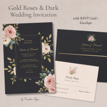 Gold Roses Dark Elegant Wedding Invitation Set