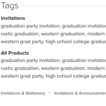 A visual representation of product tagging and categorization. It shows a list of strategic keywords like "rustic graduation" and "modern western grad party," emphasizing the importance of metadata in product discoverability.