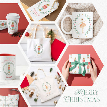 A geometric collage displaying various nutcracker-themed Christmas products like tote bags, mugs, and cards. Festive red and green color scheme with a cheery style.