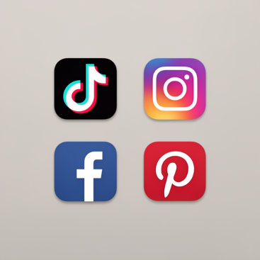 A grid featuring the recognizable logos of TikTok, Instagram, Facebook, and Pinterest. The icons are rendered with a soft 3D shadow effect against a neutral background, highlighting the platforms used for brand growth and community reach.