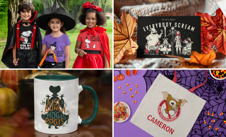 A grid of four Halloween themed images with officially licensed items featured including mugs, tote bags and t-shirts