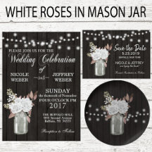 White Roses Mason Jar on Black Wood Wedding Suite