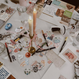 An overhead flat-lay of scattered stickers, washi tape, journal pages, and a lit taper candle — creative, eclectic, inspirational.