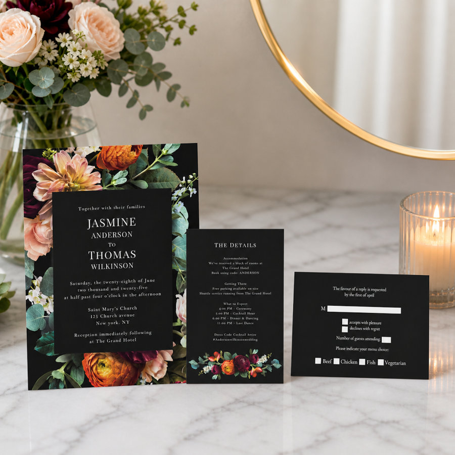 Dutch florals on black vintage wedding collection