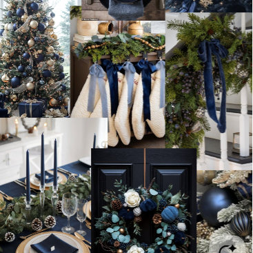 A Christmas tree decorated in navy and gold ornaments with wrapped gifts in matching blue below. Rich, jewel-toned, elegant holiday styling.