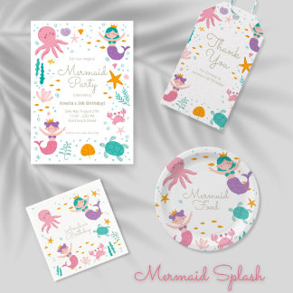 A flat lay of mermaid-themed party paper goods including an invitation, thank you card, and round sticker. The design features pastel colors, sea life illustrations, and a playful underwater theme.