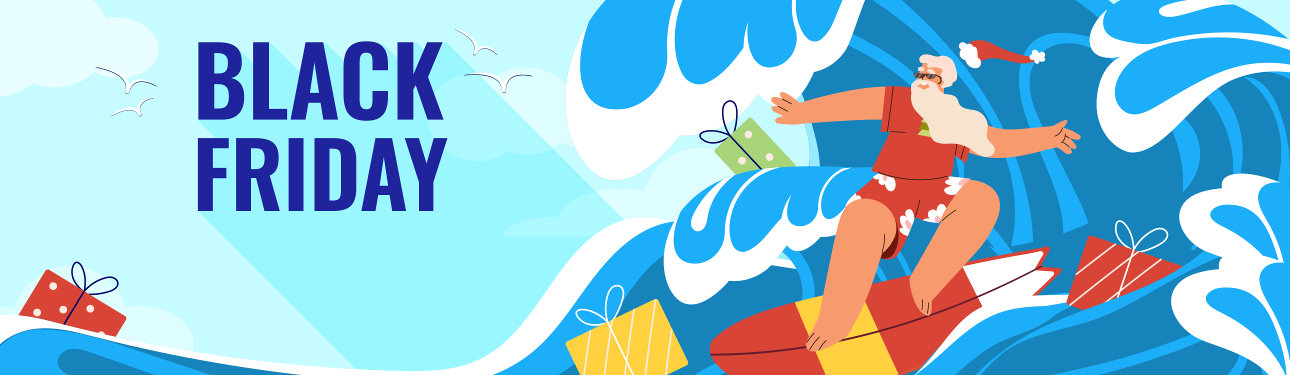 Graphic with text “Black Friday” on a blue wave background with a surfing Santa and wrapped gifts surrounding him.