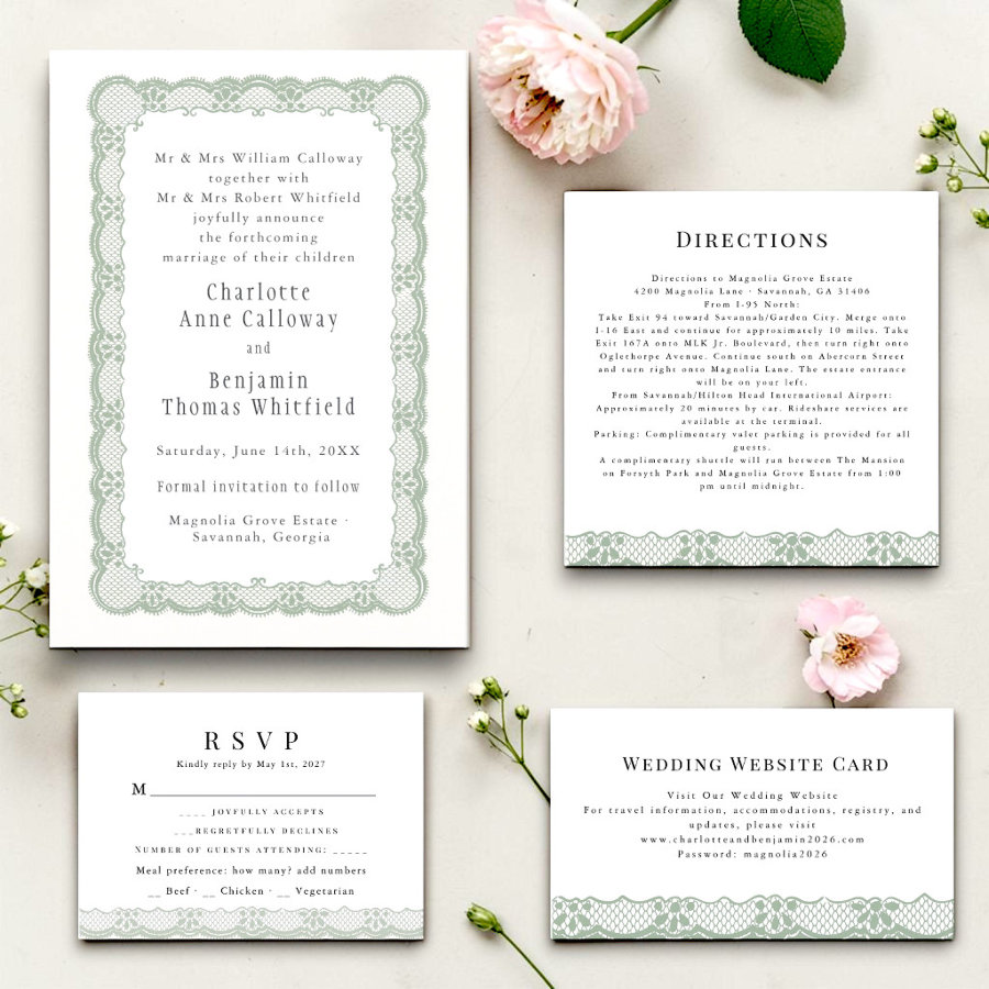 Sage Green Lace Wedding Stationery Suite