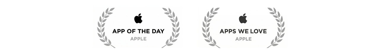 Two Apple App Store award badges side by side: "App of the Day" and "Apps We Love," each with the Apple logo and laurel wreath design.
