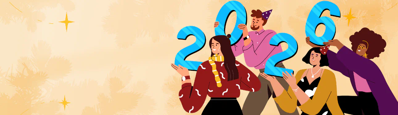 An illustration of a group of 4 diverse humans holding up the numbers "2026". 