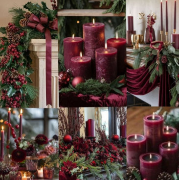 A fireplace mantel dressed in deep burgundy pillar candles, red ornaments, and lush green garland. Moody, jewel-toned, romantic Christmas palette.