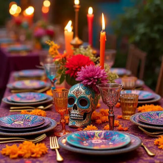 A candlelit table features a sugar-skull centerpiece, marigolds, and colorful painted plates. The tone is vibrant and reverent.
