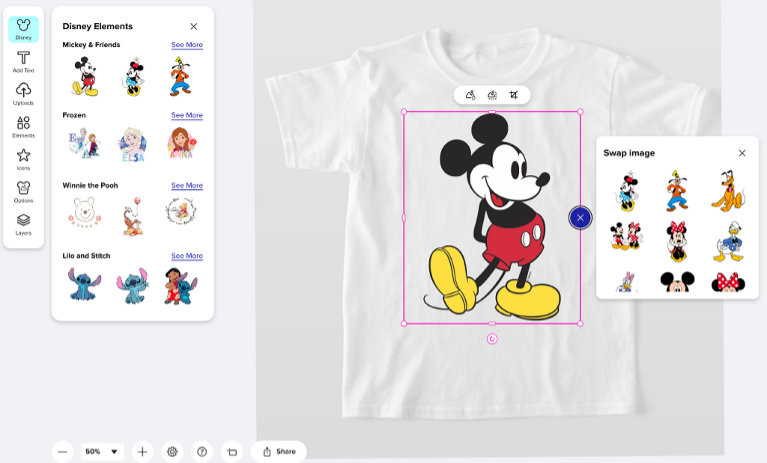 Zazzle design tool showing a white t-shirt with a full-color Mickey Mouse graphic, open in "Swap image" mode with other Disney character options (Minnie, Goofy, Pluto, Donald) displayed alongside a left panel of Disney Elements categories.