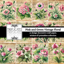Vintage Pink & Green Flowers on Sheet Music Paper